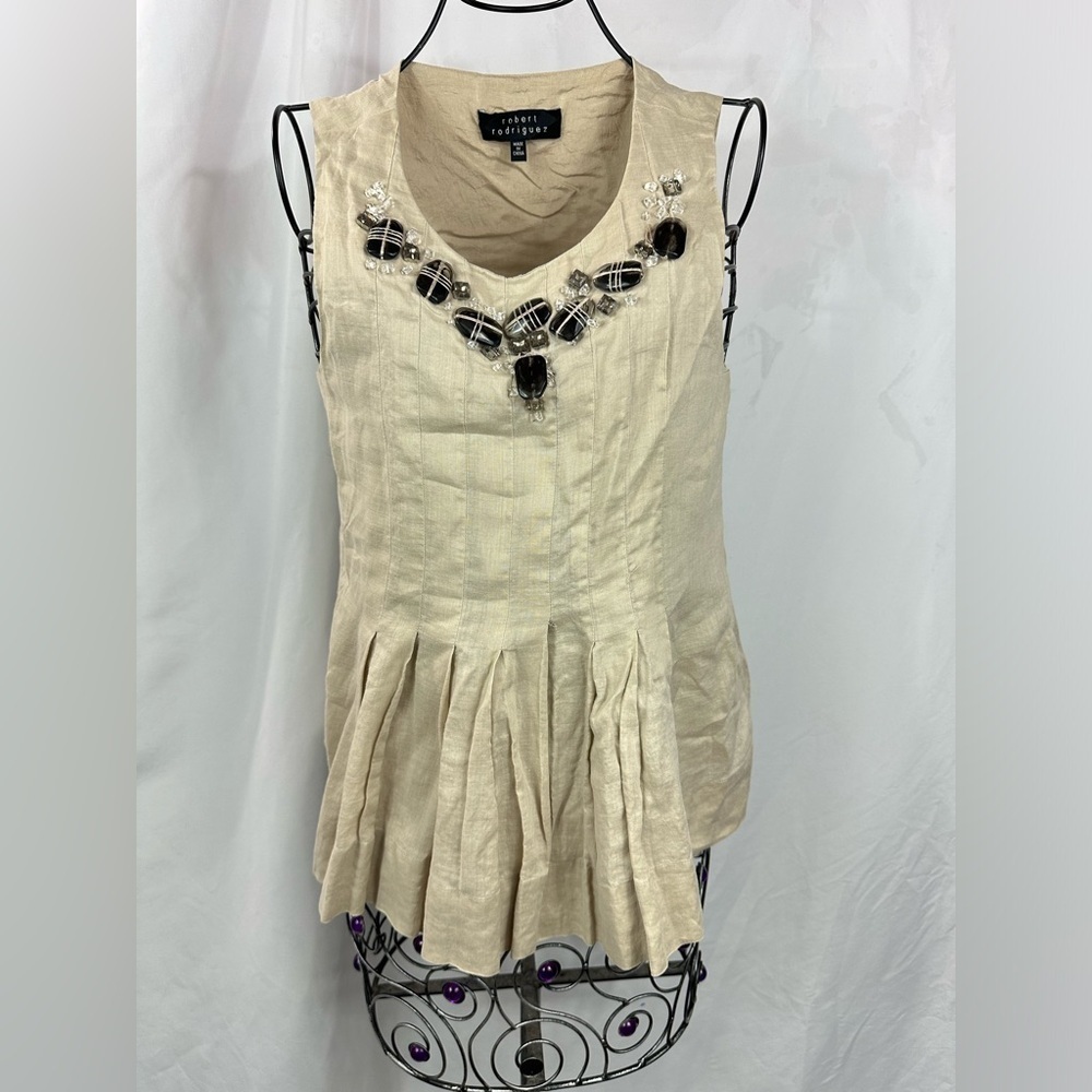 Robert Rodriguez beaded tan peplum blouse size 0